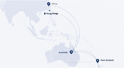 Map highlighting O&P Foods' key markets: China, Hong Kong, Australia and New Zealand